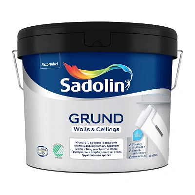 Ґрунтувальна фарба на водній основі Sadolin Grund для стін та стелі, біла, BW, 9 л